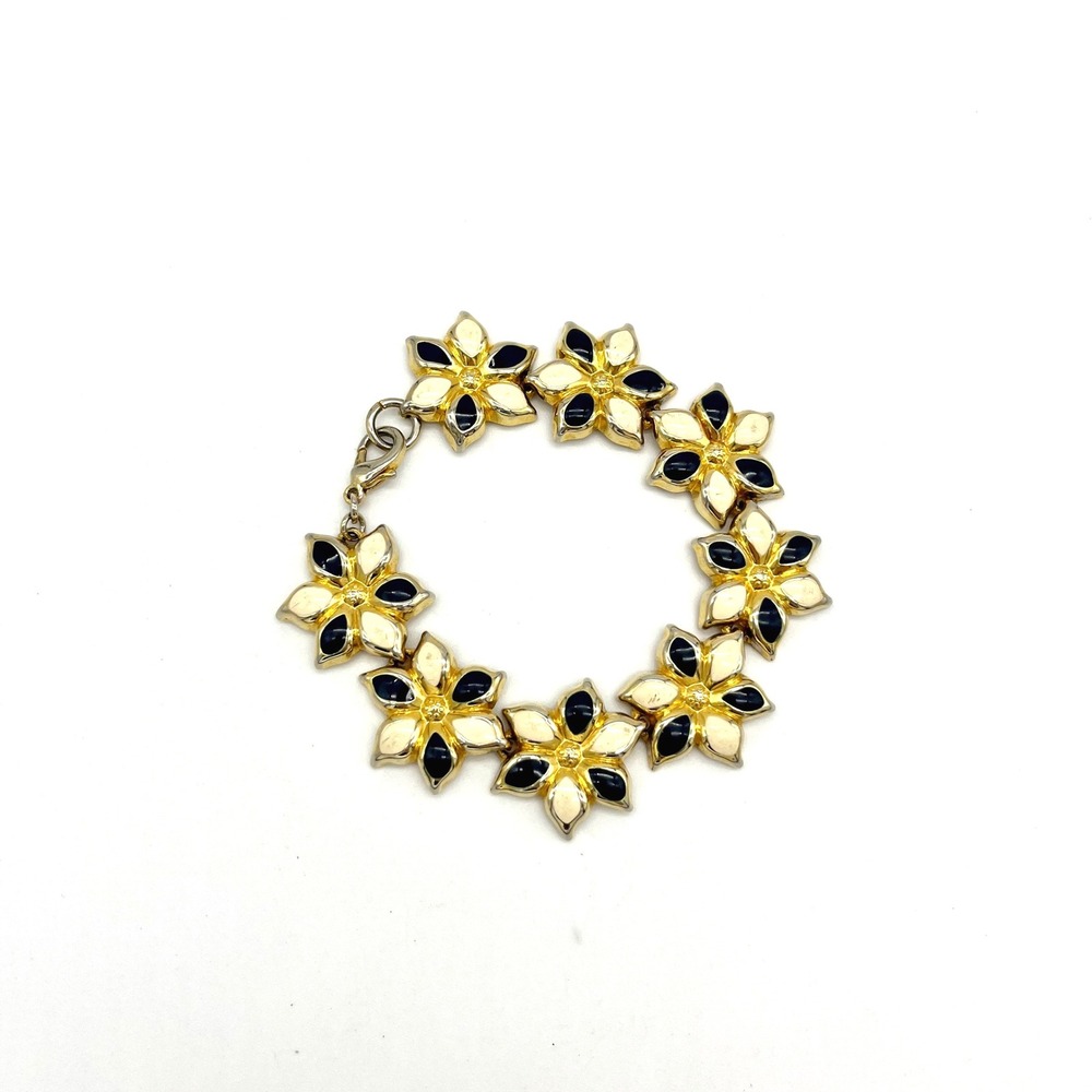 Vintage Gold Tone Enamel Flower Braceletโ Floral Statement Jewelry